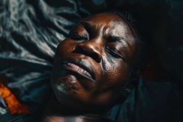 Woman Resting Peacefully on Bed Surrounded by Dark Fabrics in a Calm Setting