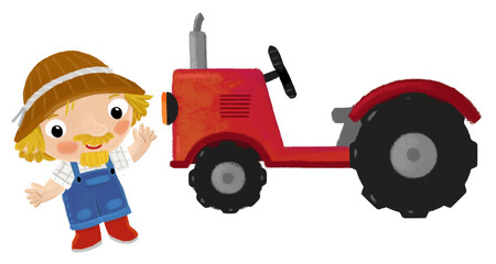 cartoon scene with farmer man standing doing some activity near tractor isolated background illustation for children