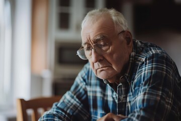 Elderly Man With Glasses Deep in Thought at Kitchen Table in Morning Light