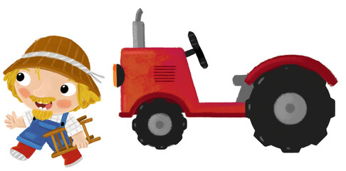 cartoon scene with farmer man standing doing some activity near tractor isolated background illustation for children