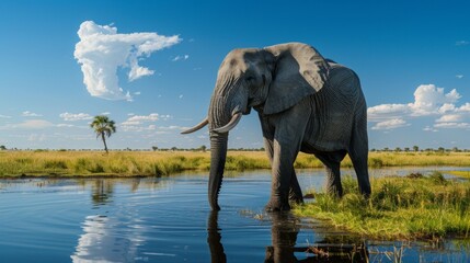 Obraz premium beautiful landscape with an elephant drinking water in a small lake in Africa with a blue sky