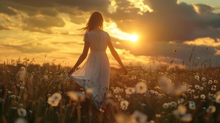 Girl touching the grass while walking in the park