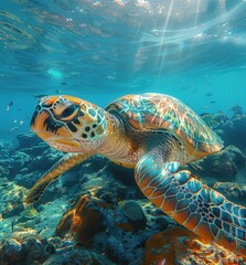 Fototapeta premium Sea Turtle Swimming in Ocean Captured in Detailed Underwater Photography - National Geographic Style Shot with Fish in Distance, Light and Shadow Play