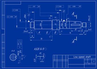 Assembly drawing of speed drive shaft. 
Vector cad scheme of part of steel mechanical device with dimension lines.
Engineering background. Technical template. 
Cross section.