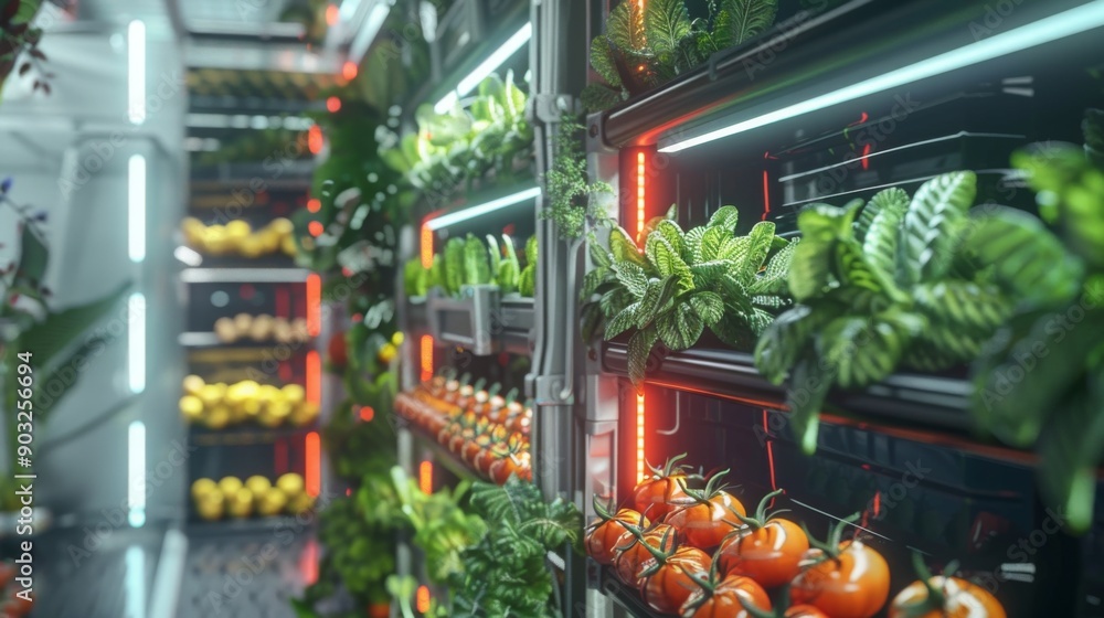 Poster a vertical farm with rows of tomatoes and herbs growing under artificial lighting.