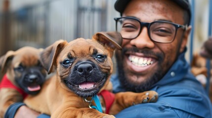 Young handsome male worker in animal shelter