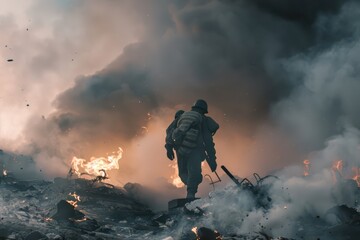 Obraz premium Soldier Navigating Through Smoke and Flames Amidst a War-Torn Landscape During Daylight Hours