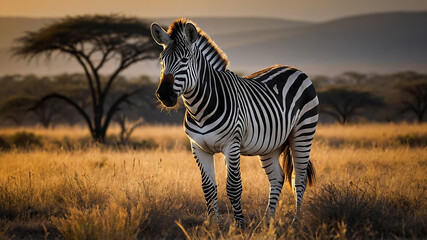 Naklejka premium majestic zebra, its black and white stripes mesmerizing in their crisp contrast, stands proudly in a sunlit savanna.