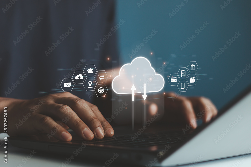 Fototapete document management system concept with icons on virtual screen, erp, businessman working on the com