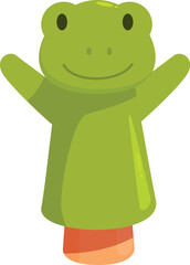 Green frog hand puppet smiling and waving with arms raised, isolated on a white background