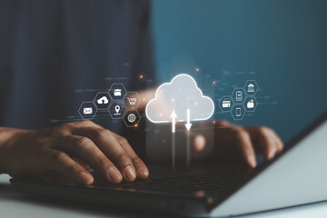 Document management system concept with icons on virtual screen, ERP, Businessman working on the computer for document management concept, online documentation database, digital file storage system.