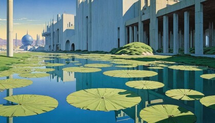 Futuristic Cityscape with Pond and Lily Pads.