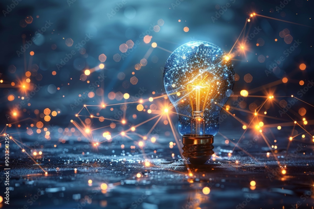 Poster sparkling light bulb in a blue and gold bokeh setting symbolizing creativity and innovation in a fes