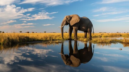 beautiful landscape with an elephant drinking water in a small lake in Africa with a blue sky