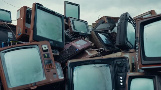 Old electronics including vintage TVs, outdated phones, and old computer monitors piled up, emphasizing the accumulation of technology waste,generative ai