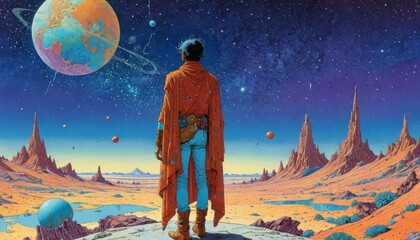 Obraz premium Man Gazing at Alien Landscape.