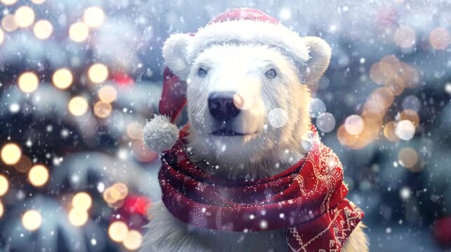 a festive wallpaper featuring cute bear dressed in Santa hats and scarves, christmas decoration tree. seamless looping time-lapse virtual 4k video animation background