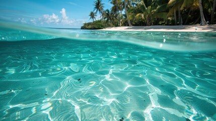 Fototapeta premium A serene tropical beach scene with crystal clear turquoise water, gently swaying palm trees, and a white sandy beach under a bright blue sky, showcasing paradise and relaxation.