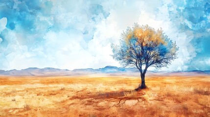 Lone Tree in a Watercolor Desert Landscape.