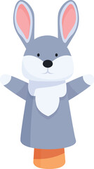 Grey bunny hand puppet with open arms wearing a white scarf, isolated on white background