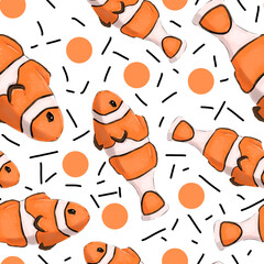 Clown fish with confetti and dots isolated seamless pattern color illustration for prints, textiles and wrapping paper, for backgrounds and wallpapers