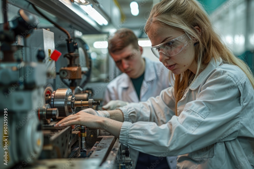 Poster caucasian engineer woman and man checking with lathe machine at lathe factory