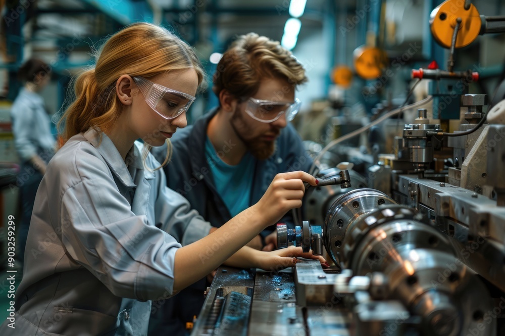 Poster caucasian engineer woman and man checking with lathe machine at lathe factory