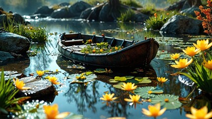 Obraz premium Tranquil River Scene with Wooden Boat and Yellow Flowers.