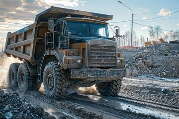 Fototapeta premium Dump truck delivers materials to construction site using car transporter.