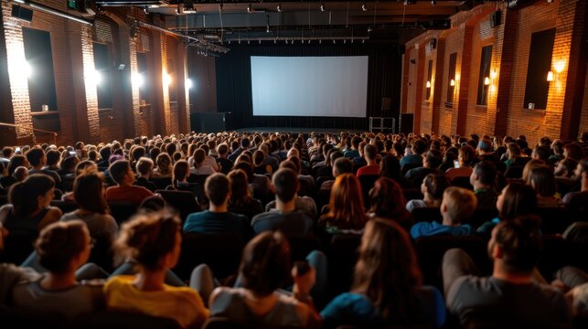 A large audience is seated in a theater, attentively watching a presentation or film on a large screen, capturing moments of interest, culture, and shared experience.