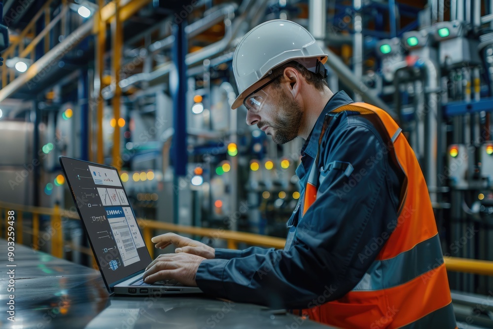 Poster engineer uses high tech software for industrial factory automation.