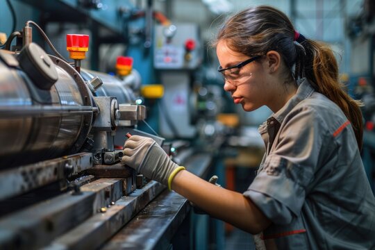 Female factory worker maintaining and repairing industrial machines. - Powered by Adobe