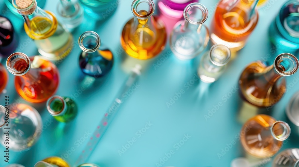 Poster an overhead view of various colorful glass bottles arranged on a table, showcasing a range of vibran
