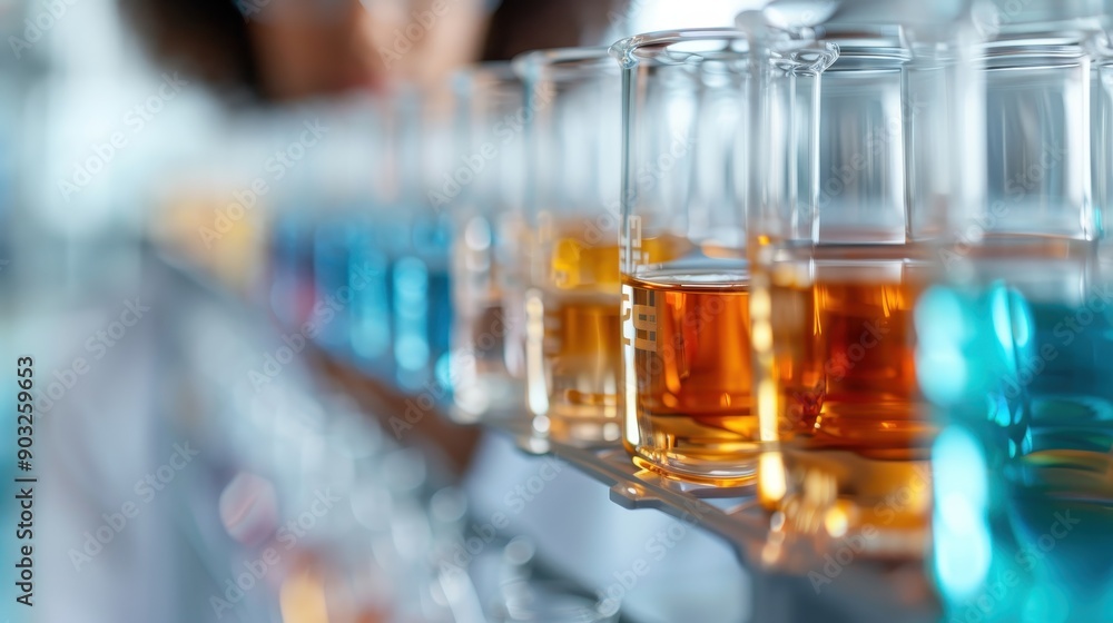 Poster a focused scene in a laboratory showing a row of beakers filled with various colorful liquids, symbo