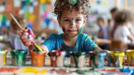 A happy child with a painted face enthusiastically playing with paint in a colorful art classroom, surrounded by vibrant colors, embracing creativity and fun.
