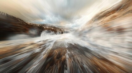 Rushing Tide: Abstract Ocean Waves, Beach, and Mountains