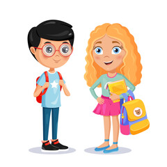 Vector cartoon characters girl and boy with backpack and book.
