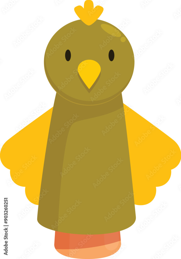 Poster charming little chick puppet standing with open wings, ready to entertain and spark imagination