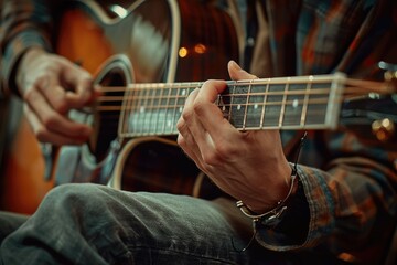 Obraz premium Midsection closeup of man playing acoustic guitar