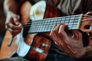 Fototapeta premium Midsection closeup of man playing acoustic guitar