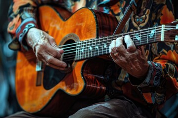 Naklejka premium Musician playing on acoustic guitar