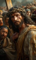 Naklejka premium Sorrowful journey: Jesus Christ walking to Golgotha, bearing a heavy wooden cross on his shoulders, his face reflecting suffering and fatigue in this poignant religious depiction