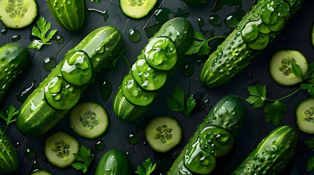 Fresh cucumbers group with slices