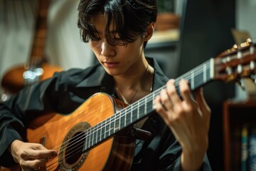 Fototapeta premium A horizontal front view shot of young japanese man playing the guitar