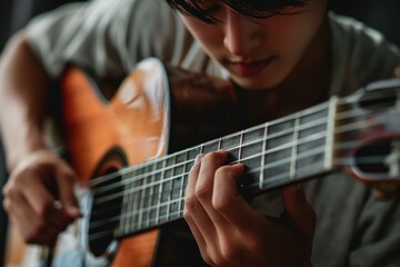 Obraz premium close up portrait of young Asian man playing guitar