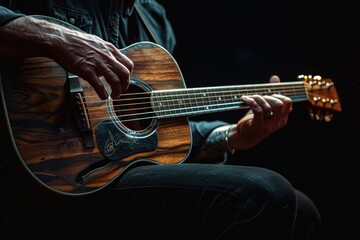 Fototapeta premium Acoustic guitarist playing on black background for folk music.