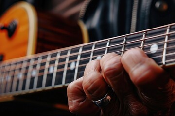 Fototapeta premium Close up view of mans hand playing guitar