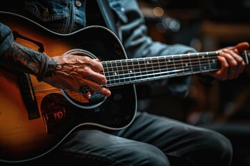 Fototapeta premium Acoustic guitarist playing on black background for folk music.
