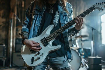 Naklejka premium Cropped image of rock musician posing with white guitar indoor. Vertical.