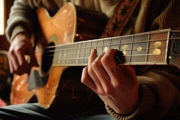 Fototapeta premium Man playing acoustic guitar at home low key image with selective focus